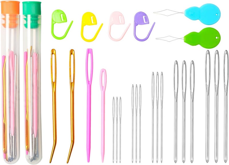 HEKISN 45Pcs Large Eye Blunt Yarn Needles kit, Assorted Sizes Bent Tapestry Darning Needle, Sewing Needles with Needle Threaders & Stitch Markers for Knitting Crochet (Orange&Green) - Image 1